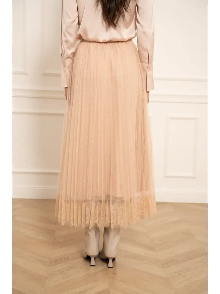 Jeanne Pleated Tulle Lace Skirt - Rose