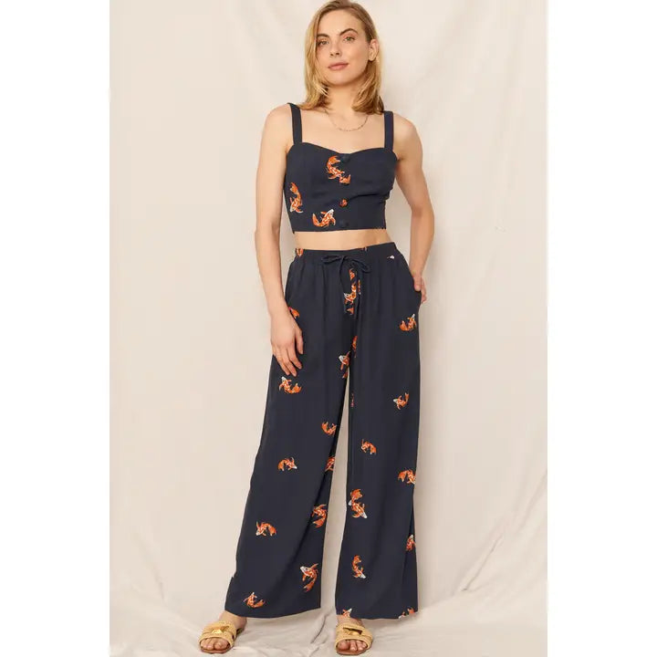 Koi Fish Print Wide Leg Pants