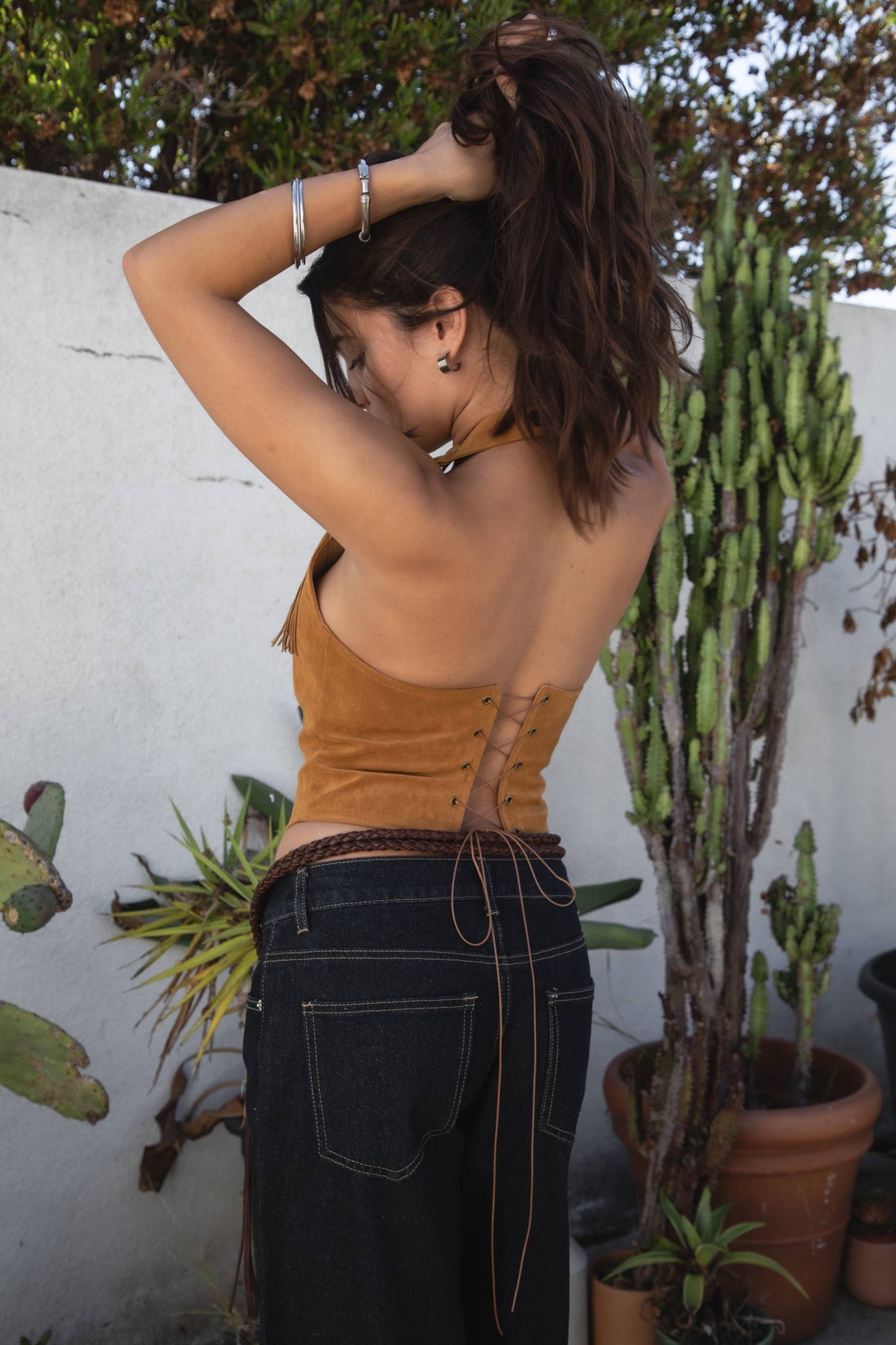 JOSIE Western Low Open Back Faux Suede Fringe Halter Top