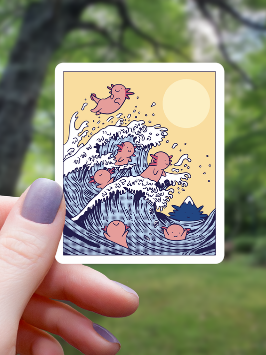 Axolotls Riding Japanese Big Wave Sticker