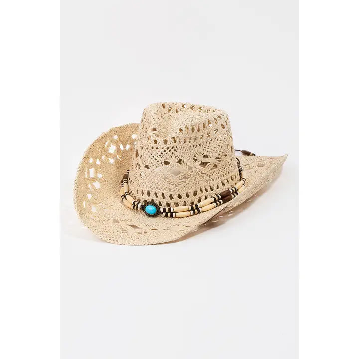 Straw Braided Beaded Strap Cowboy Hat