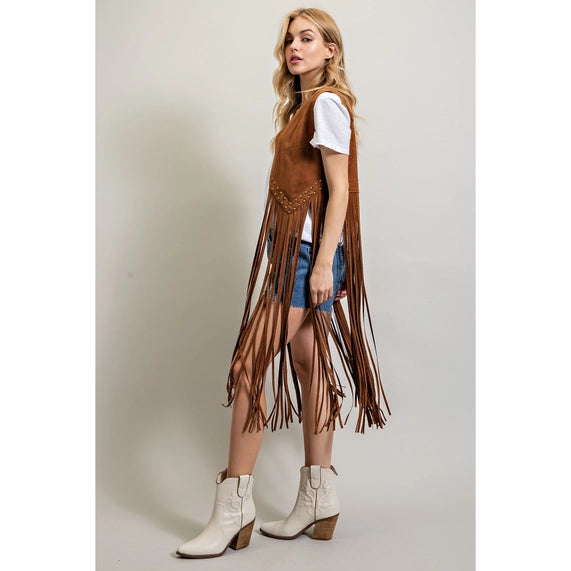 Suede Studded Detail Fringe Hem Vest