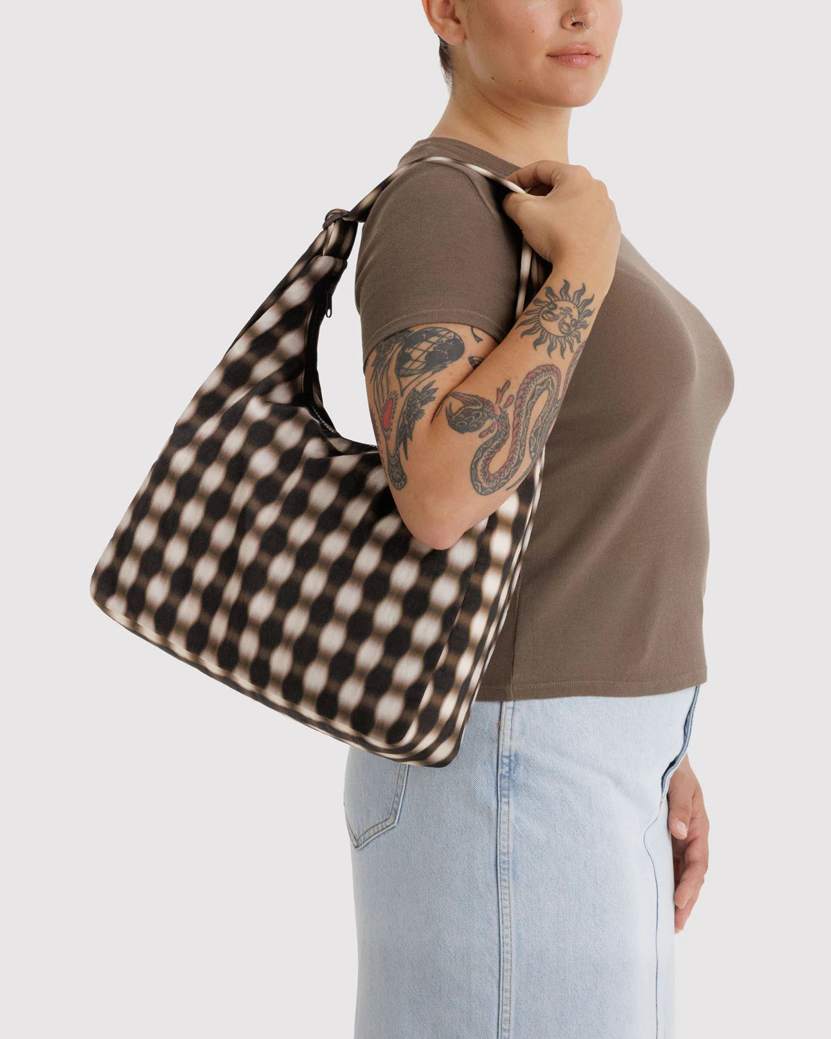 Nylon Shoulder Bag - Blurred Gingham Brown