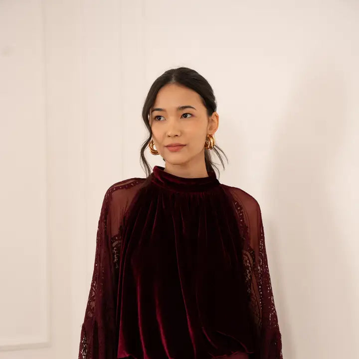 Two-Material Velvet Blouse with Lace Sleeves