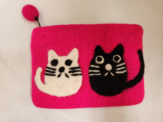 Medium Felt Wool Purse Black And White Cats