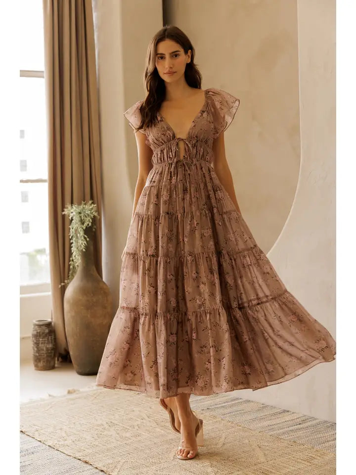 Floral Tie Front Tiered Midi Dress