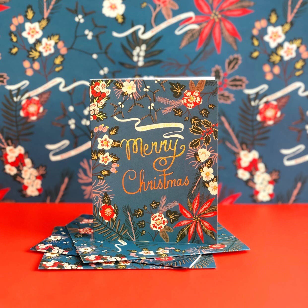Blue Poinsettia Christmas greeting card: Singles