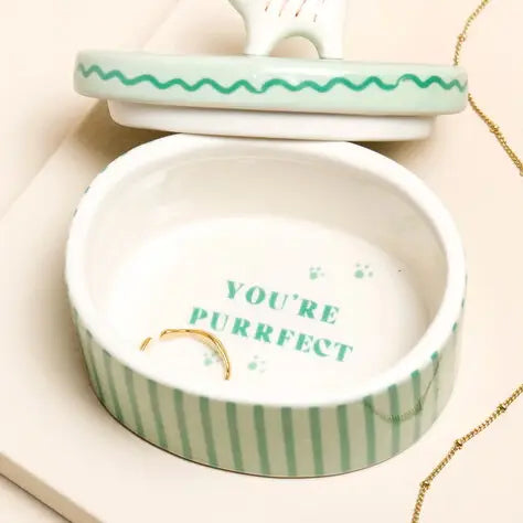 Green Oval Ceramic Cat Trinket Pot
