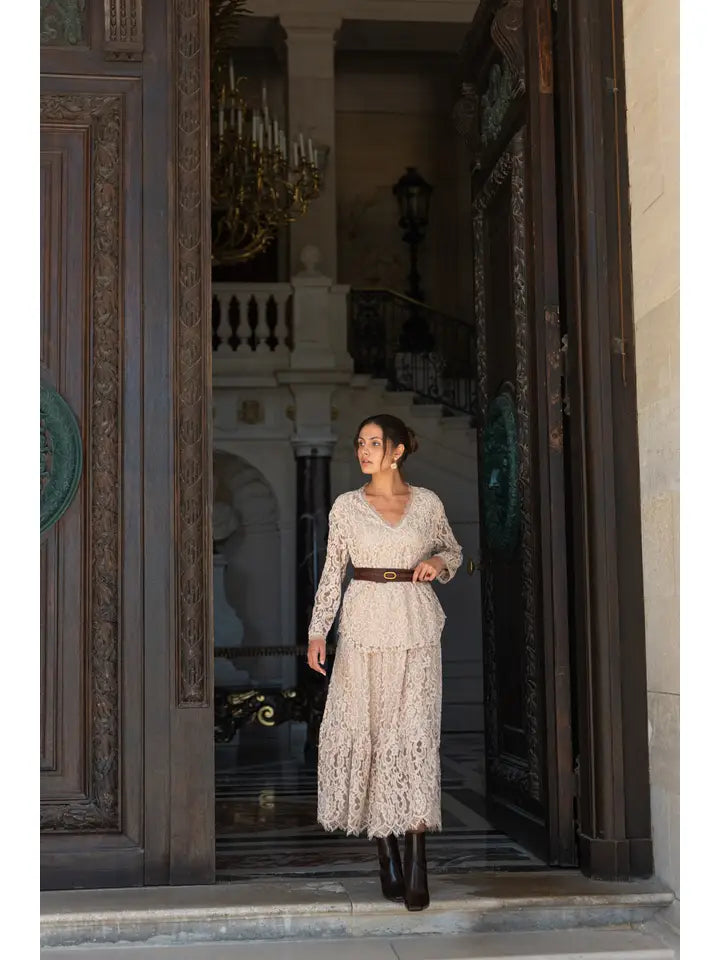 Maël Lace Skirt with Godets - Taupe