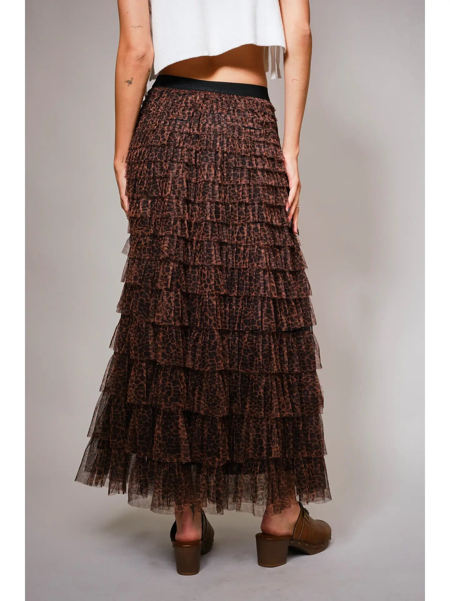 High Waist Elastic Tiered Ruffle A-Line Maxi Skirt