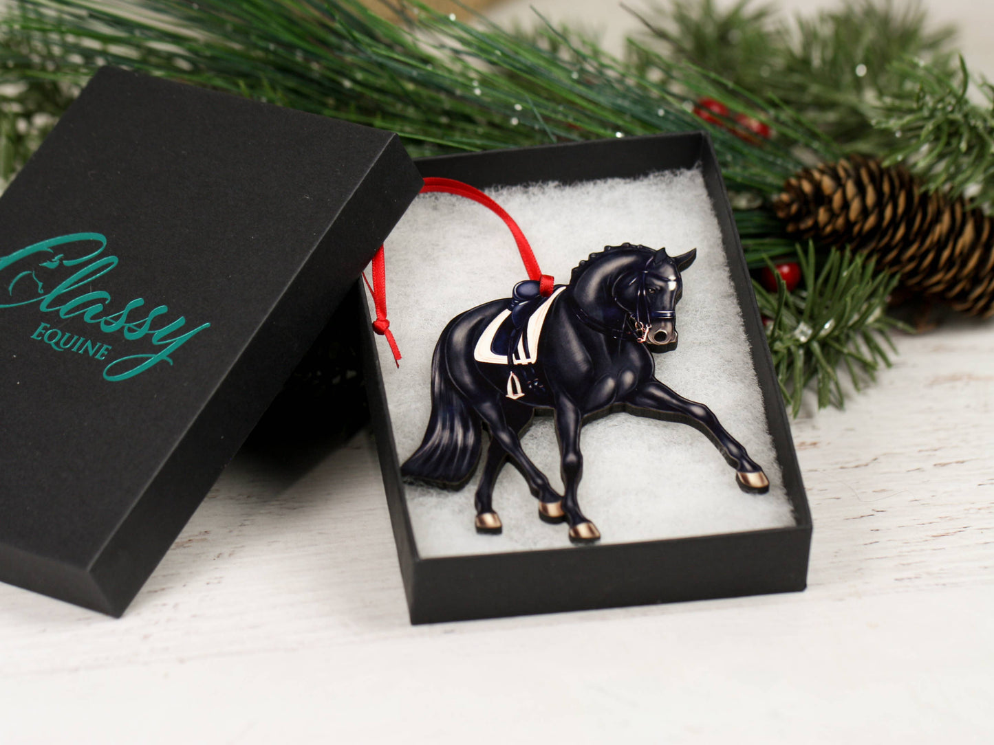 Dressage Horse Christmas Ornament - Black Half Pass Dressage