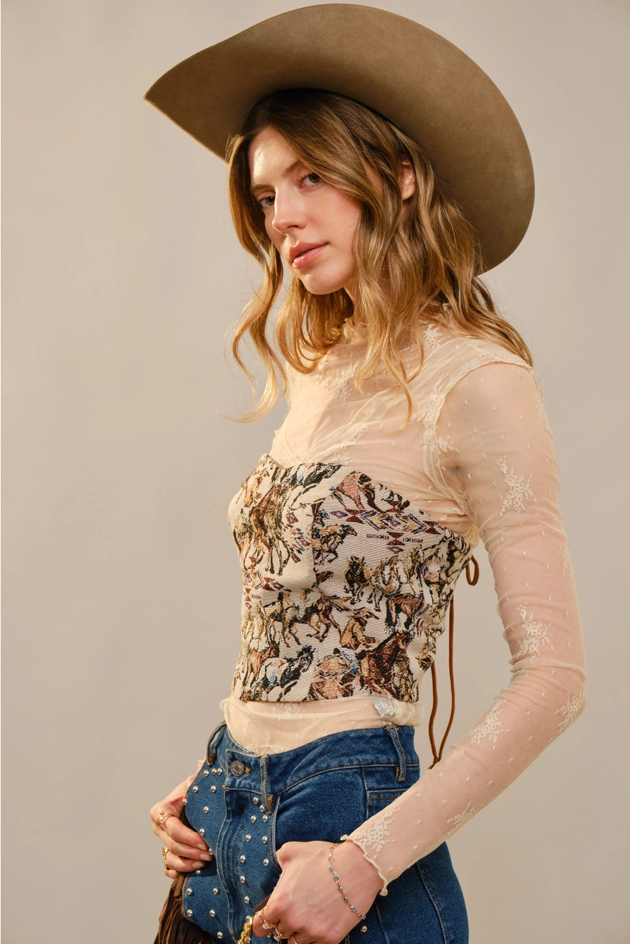 Horse Jacquard Lace-Up Corset Top