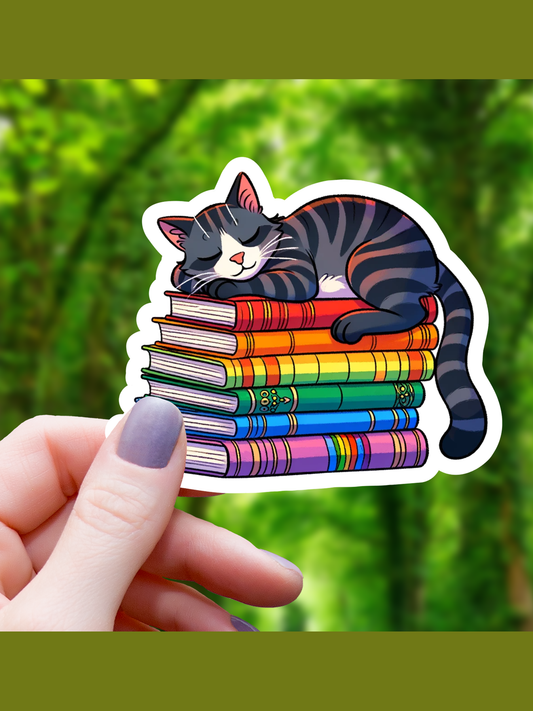 Striped Cat on Books Sticker