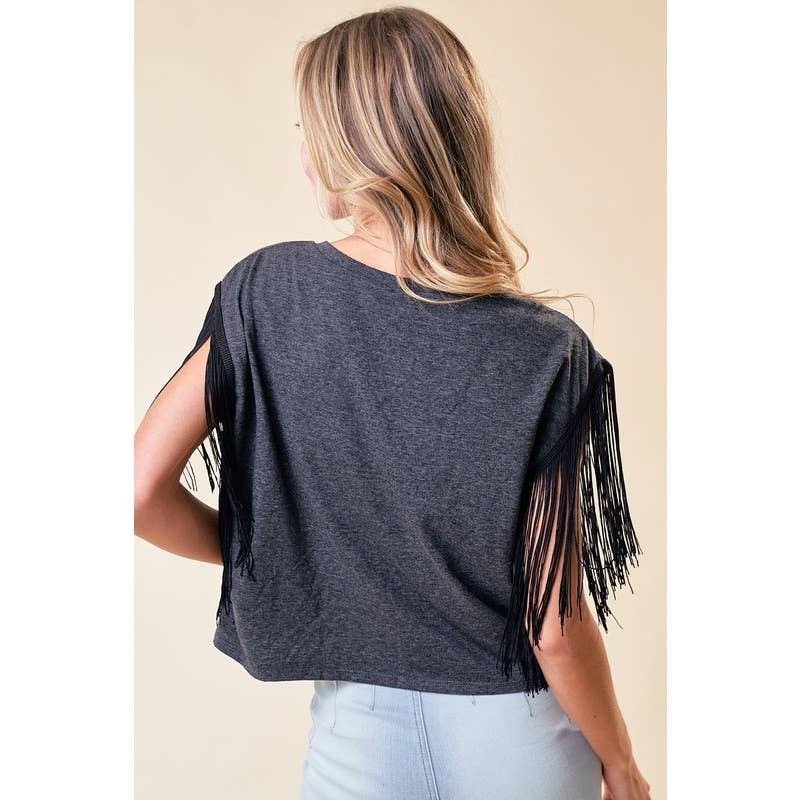 Western Cowgirl Graphic Print Tee Fringe Details