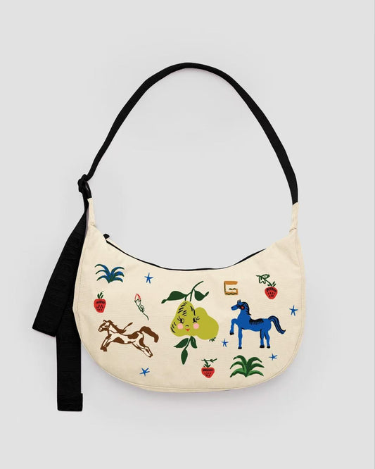 Medium Nylon Crescent Bag - Embroidered  Painted Prairie