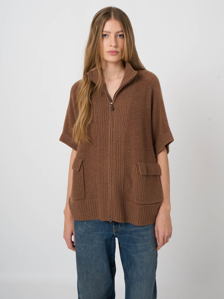 Wool-Cashmere Zip Poncho with Ribbed Stand Collar