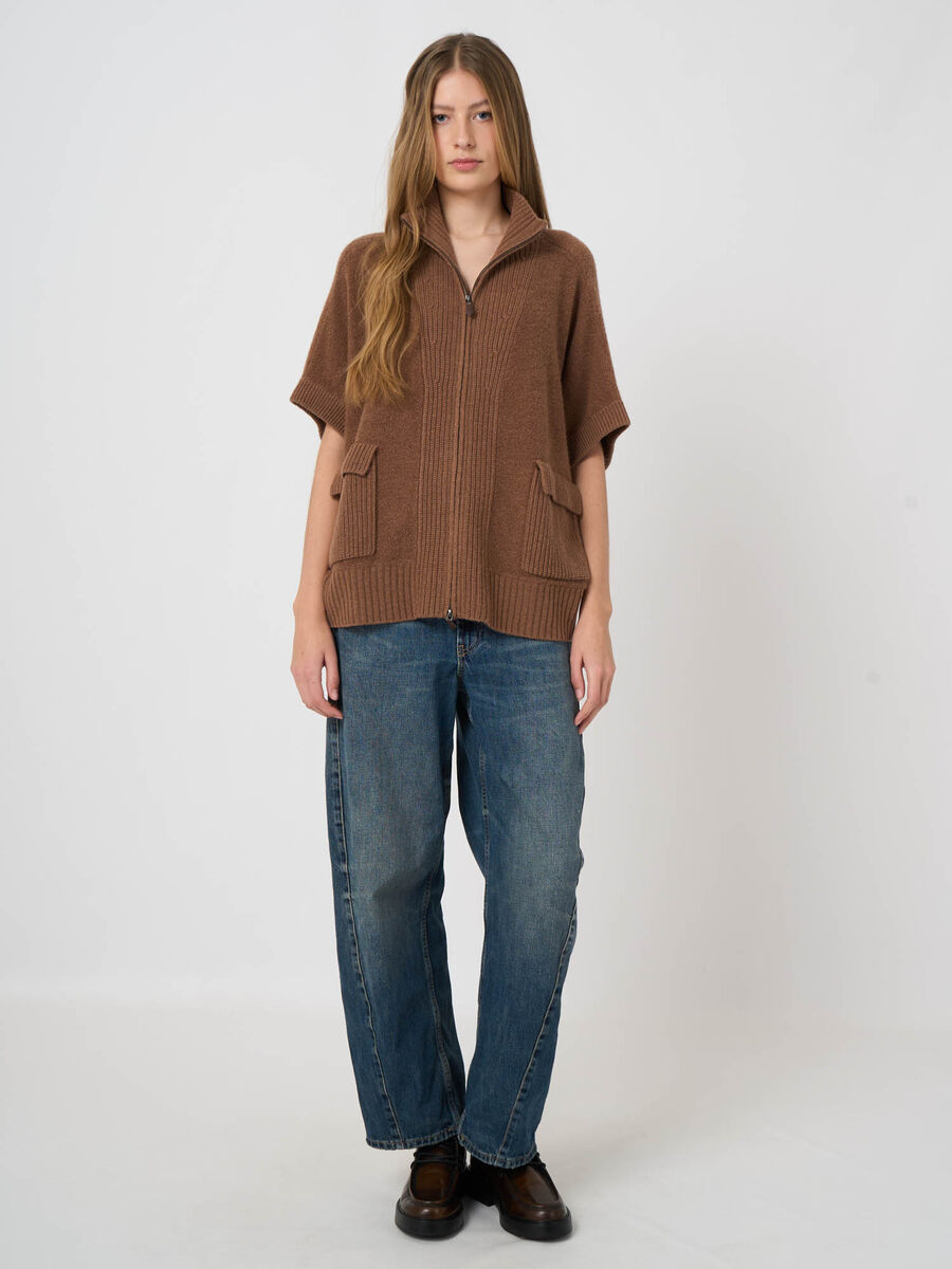 Wool-Cashmere Zip Poncho with Ribbed Stand Collar