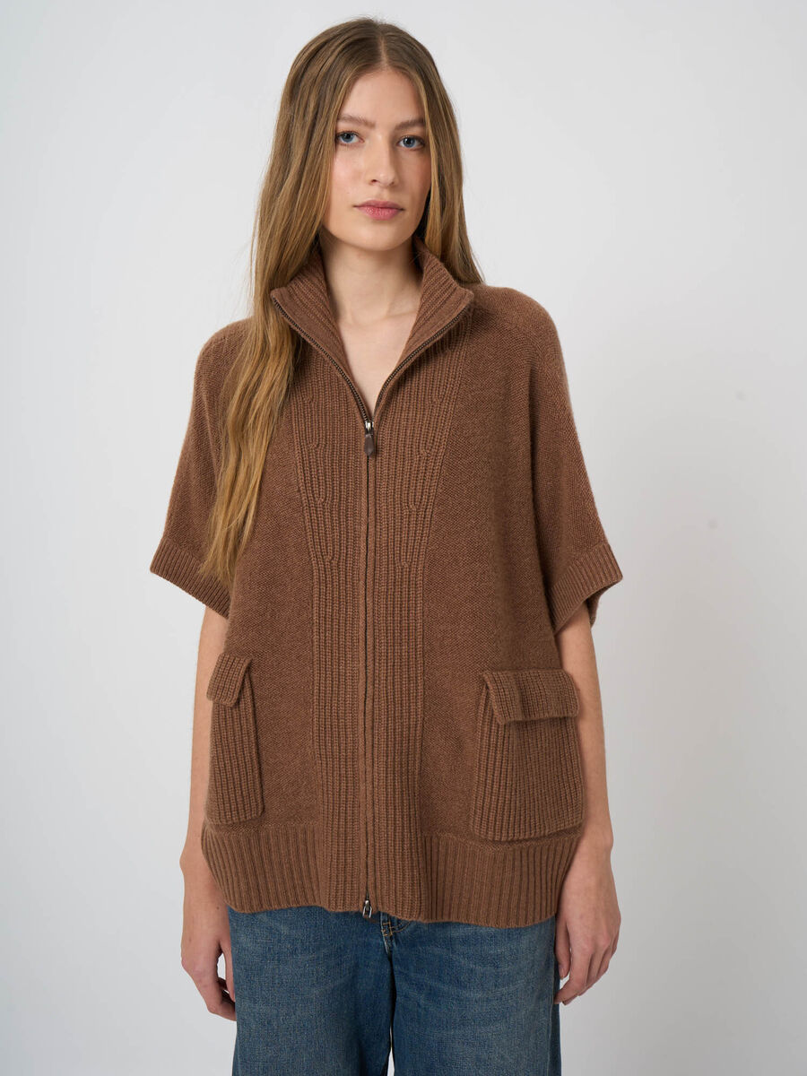 Wool-Cashmere Zip Poncho with Ribbed Stand Collar