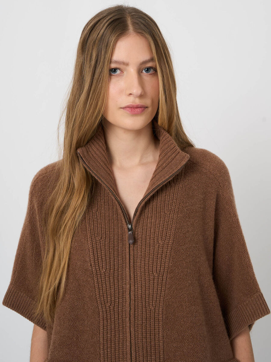 Wool-Cashmere Zip Poncho with Ribbed Stand Collar