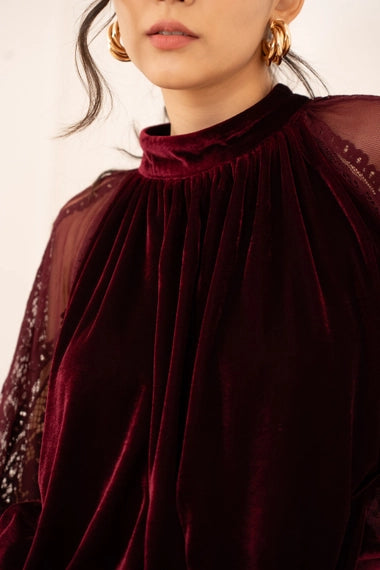 Two-Material Velvet Blouse with Lace Sleeves