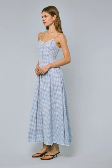 Vintage Checker Front Buttons Maxi Dress