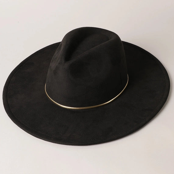 Gold Belt Wide Flat Brim Suede Fedora Hat