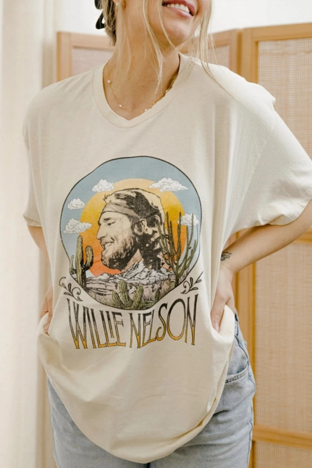 Willie Nelson In The Sky | Off White Thrifted Tee