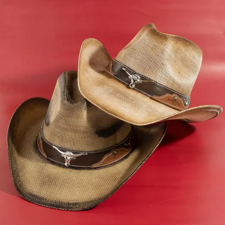 Western Long Horn Strap Trim Straw Cowboy Hat | Light Brown