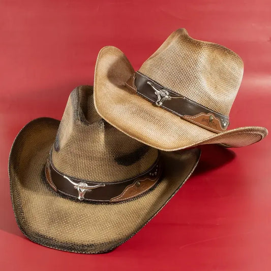 Western Long Horn Strap Trim Straw Cowboy Hat | Light Brown