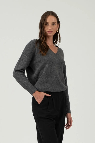 Solid V Neck Drop Shoulder Knit Sweater