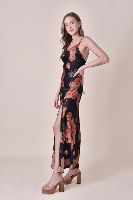 Floral Print Cowl Neck Maxi Dress with Side Slit