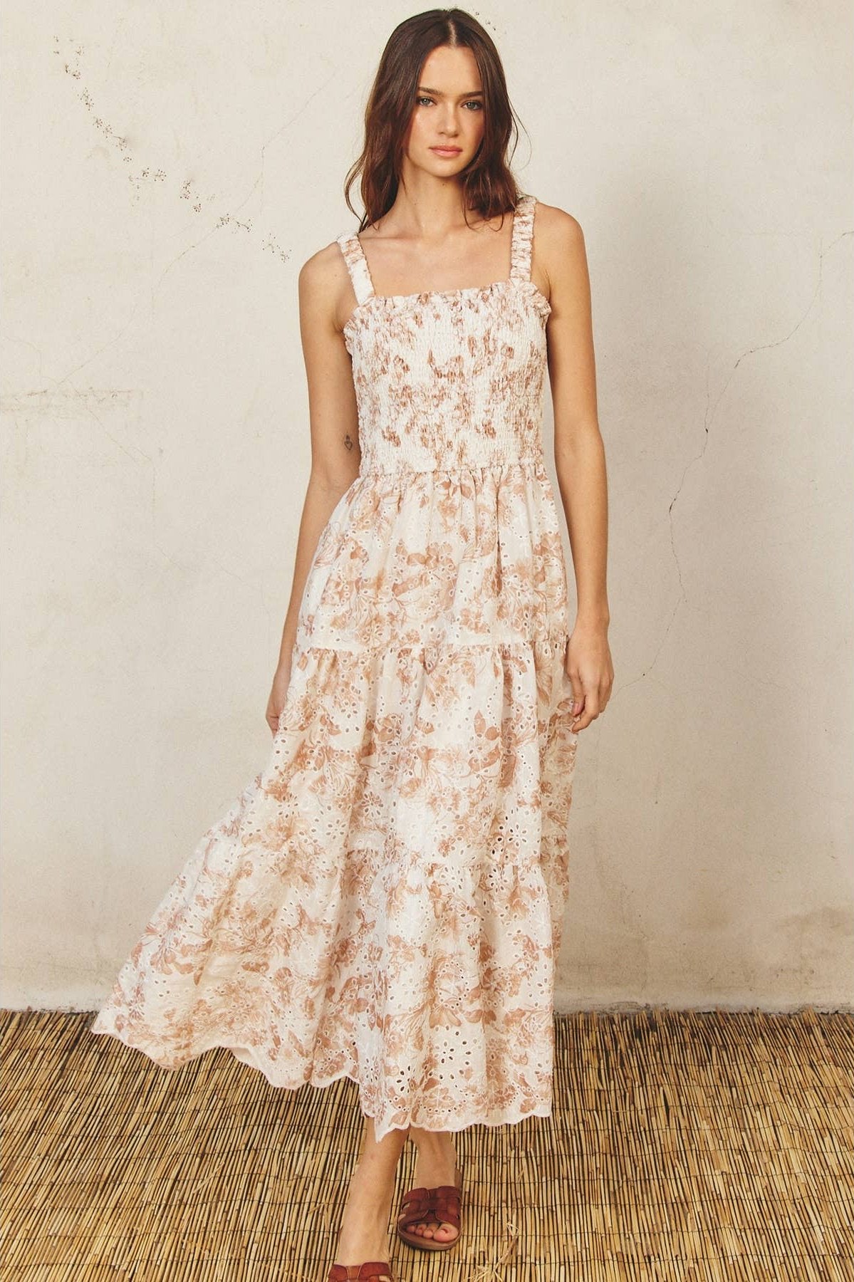 Floral Eyelet Smocked Tiered Midi Dress