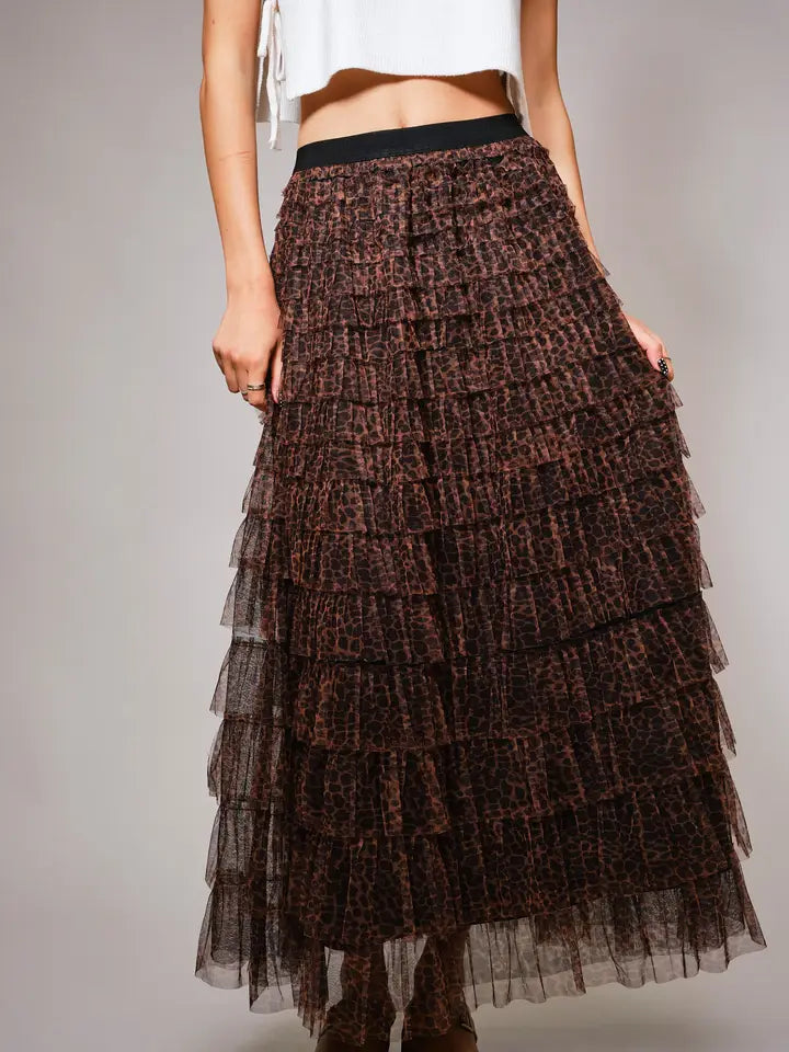 High Waist Elastic Tiered Ruffle A-Line Maxi Skirt