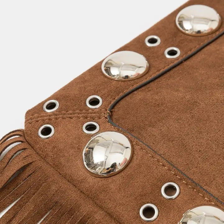 Suede Grommet Accent Fringe Tote Bag