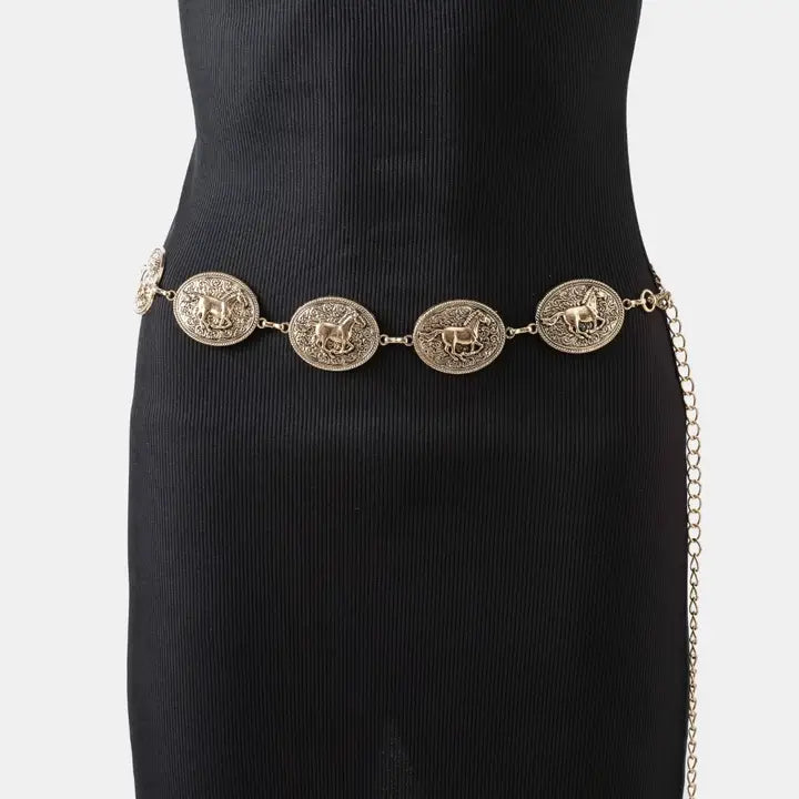 Western Horse Engraved Concho Chain Belt