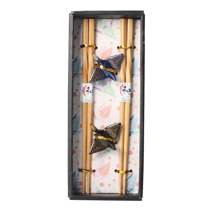 Seigaiha Origami Crane 2 Pair Chopsticks and Chopsticks Rests Gift Set