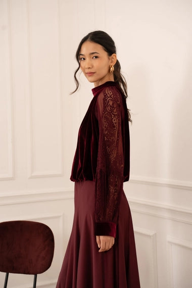 Two-Material Velvet Blouse with Lace Sleeves