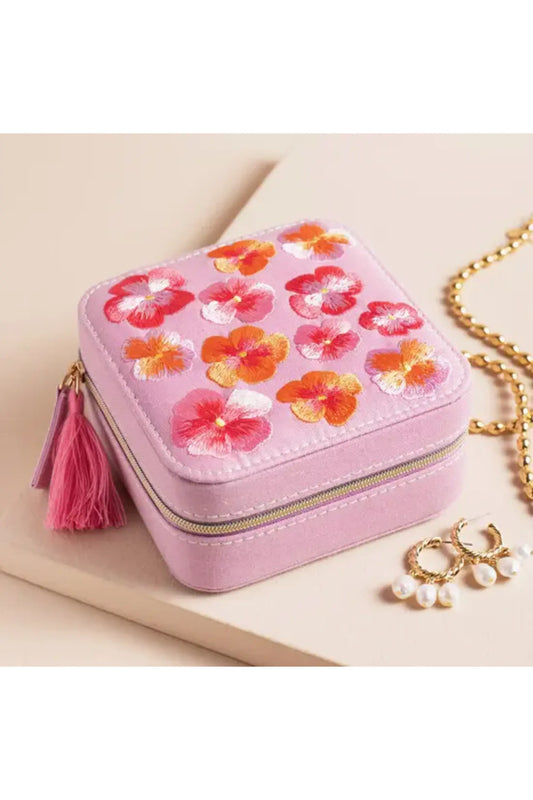 Flower Embroidered Travel Square Jewellery Case