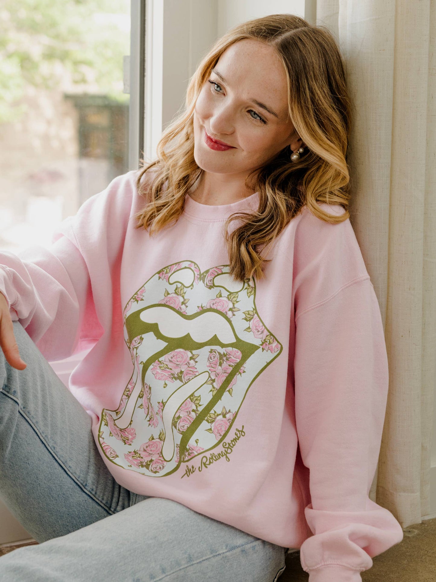 Rolling Stones Floral Lick Pink Thrifted Graphic Sweatshirt