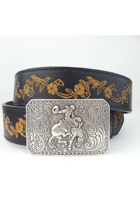 Vintage Floral Tooled Belt with Silver Rodeo Buckle