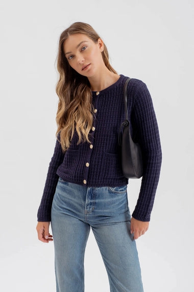 Round Neck Button Down Textured Knit Cardigan