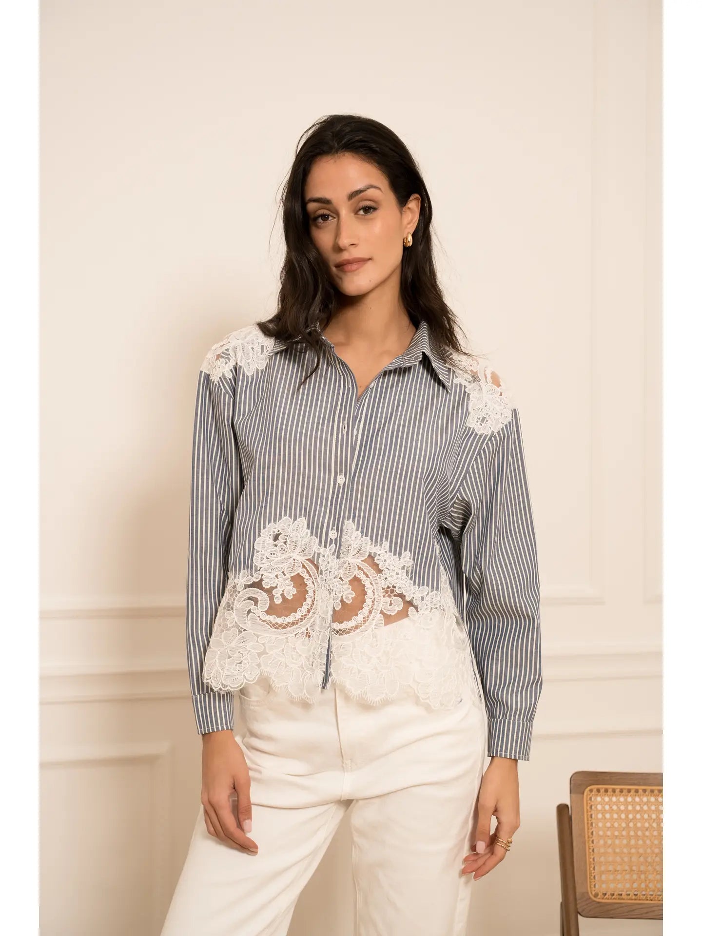 Button-Up Shirt with Lace Inserts