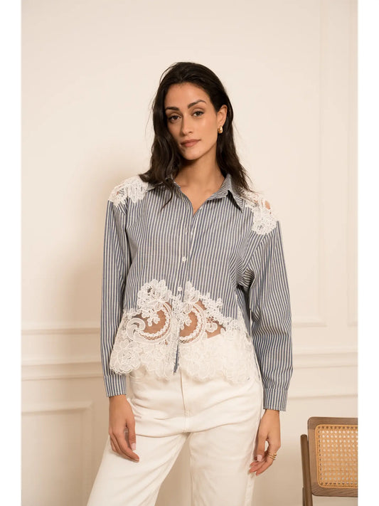 Button-Up Shirt with Lace Inserts