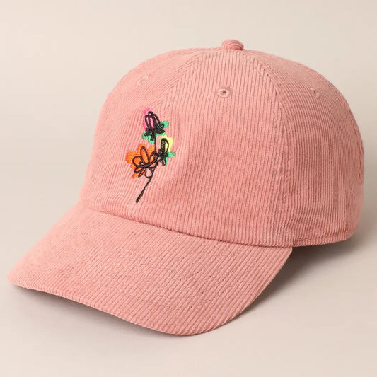Watercolor Flower Embroidered Corduroy Baseball Cap