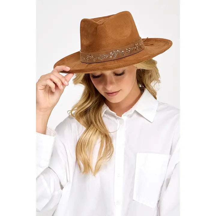 Embroidered Flower Strap Fedora Hat