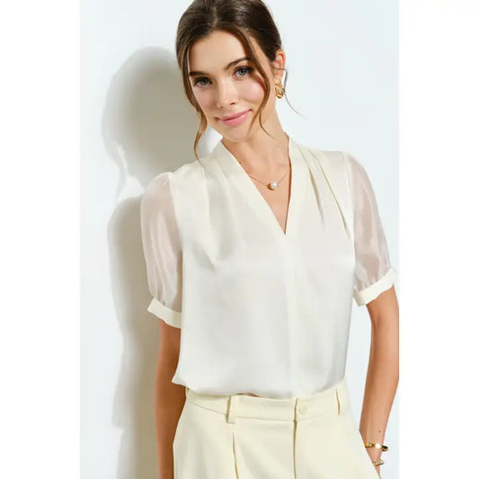 Puff Sleeve Satin V-Neck Blouse