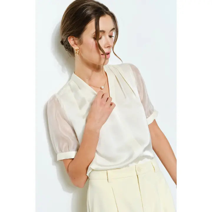 Puff Sleeve Satin V-Neck Blouse
