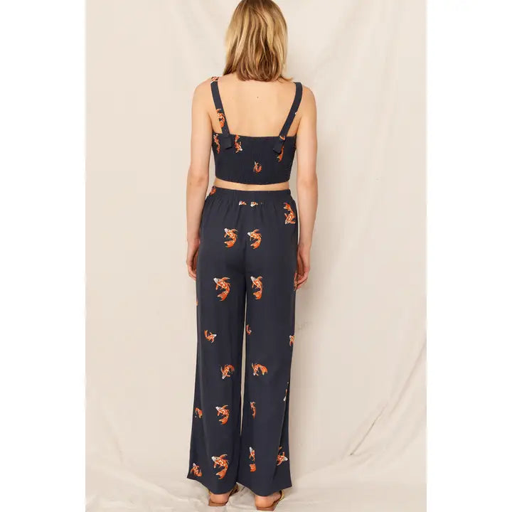 Koi Fish Print Wide Leg Pants