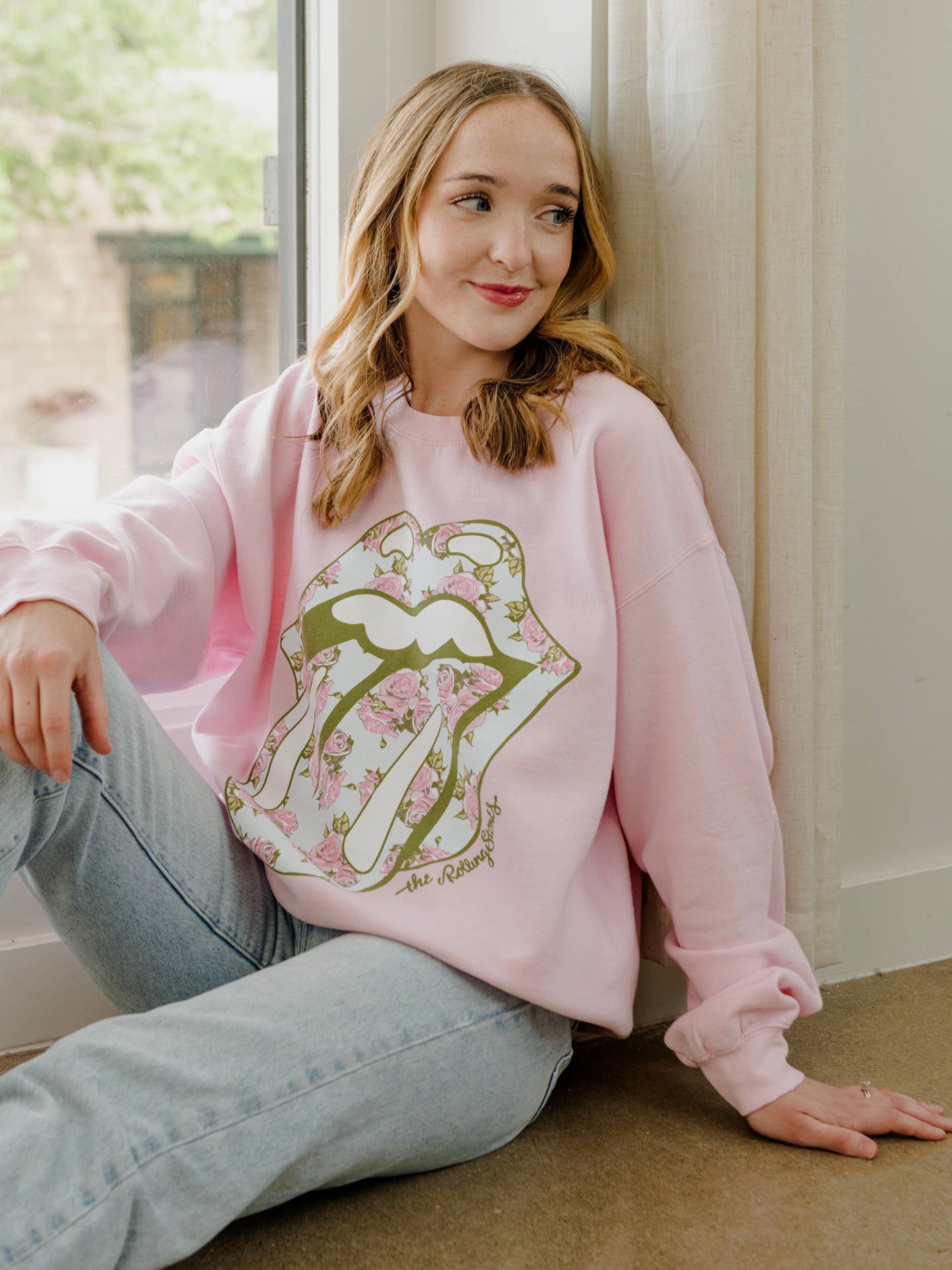 Rolling Stones Floral Lick Pink Thrifted Graphic Sweatshirt