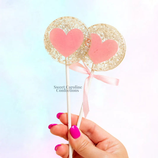 Silver & Pink Heart Lollipops, Champagne Flavour